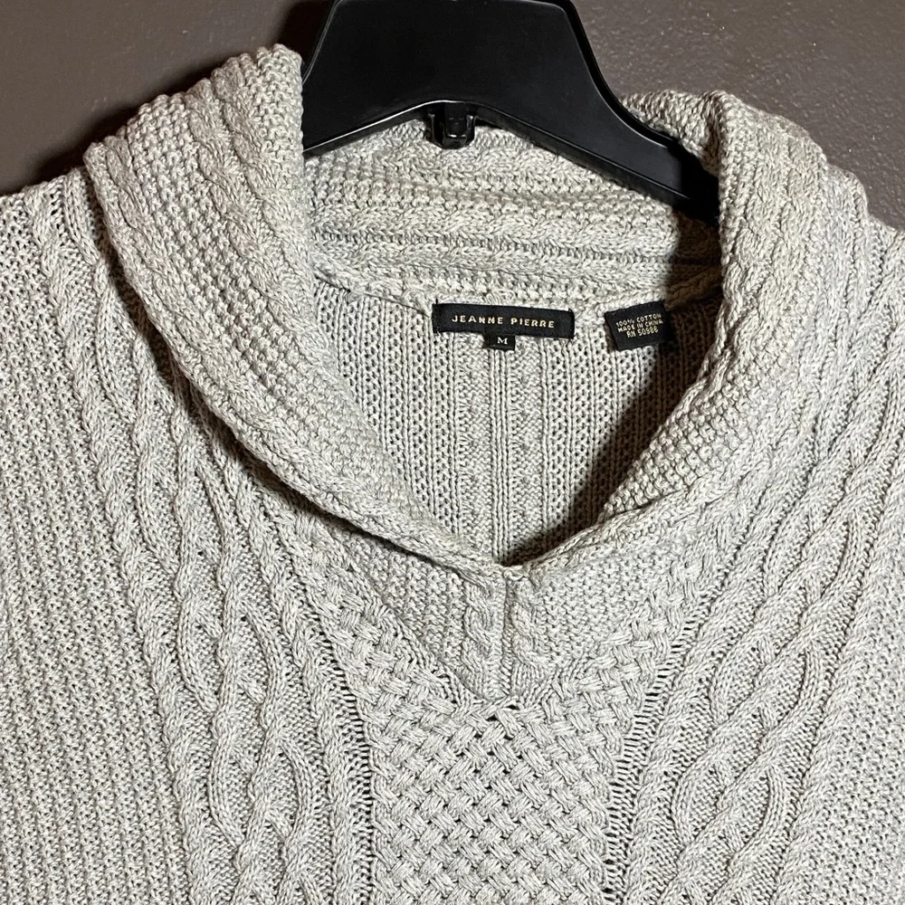 Jeanne Pierre Light Gray V-Neck Shaw Collar Cable Knit Sweater - Picture 3 of 7